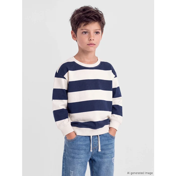 LCW Kids Lacivert Bisiklet Yaka Çizgili Erkek Çocuk Sweatshirt