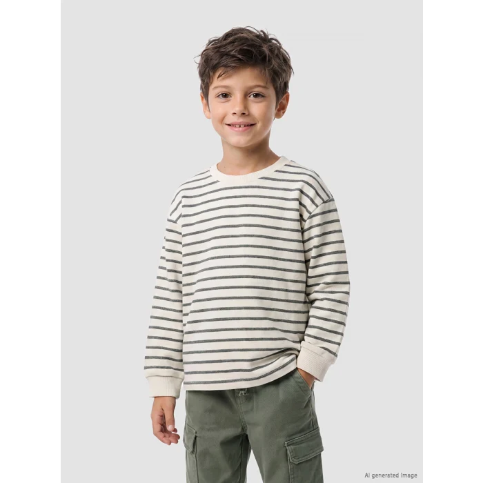 LCW Kids Antrasit Bisiklet Yaka Çizgili Erkek Çocuk Tişört
