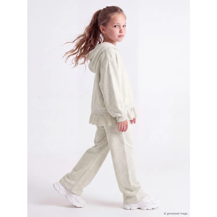 LCW Kids Bej Kapüşonlu Fırfırlı Kız Çocuk Eşofman Takımı