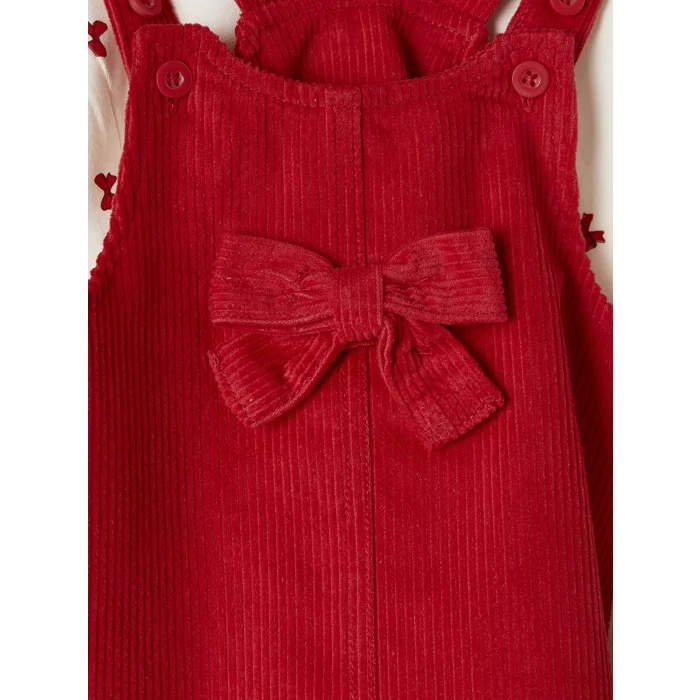 LCW baby Kırmızı Fiyonklu Kadife Kız Bebek Salopet Elbise ve Tişört