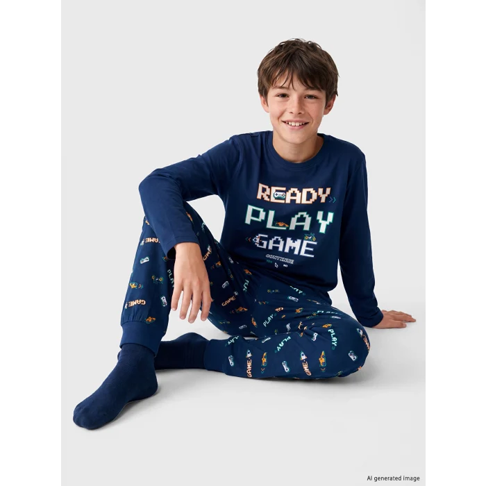 LCW Kids Lacivert Bisiklet Yaka Erkek Çocuk Pijama Takım