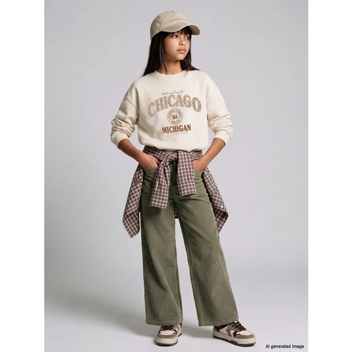 LCW Kids Ekru Chicago Baskılı Kız Çocuk Kalın Sweatshirt
