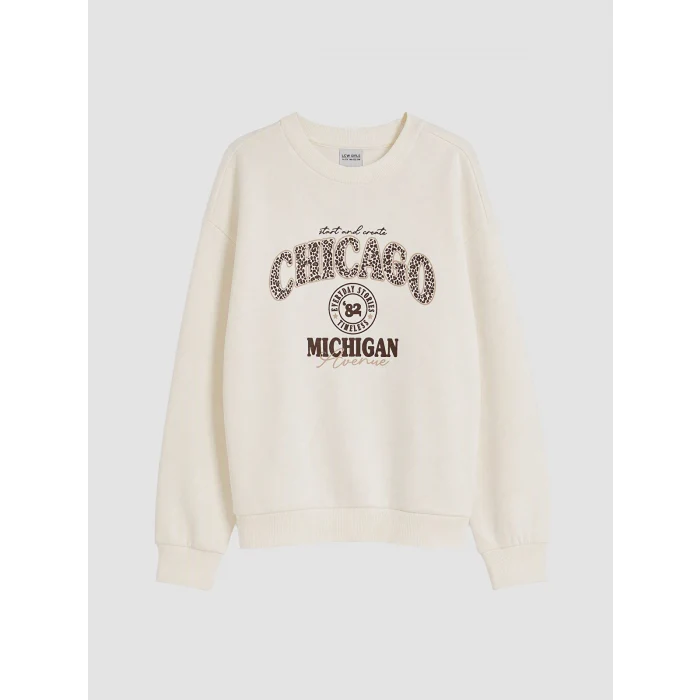 LCW Kids Ekru Chicago Baskılı Kız Çocuk Kalın Sweatshirt