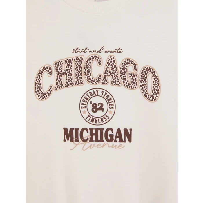 LCW Kids Ekru Chicago Baskılı Kız Çocuk Kalın Sweatshirt