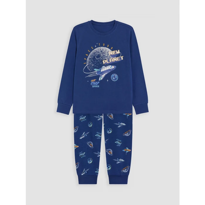 LCW Kids Lacivert Bisiklet Yaka Baskılı Erkek Çocuk Pijama Takım