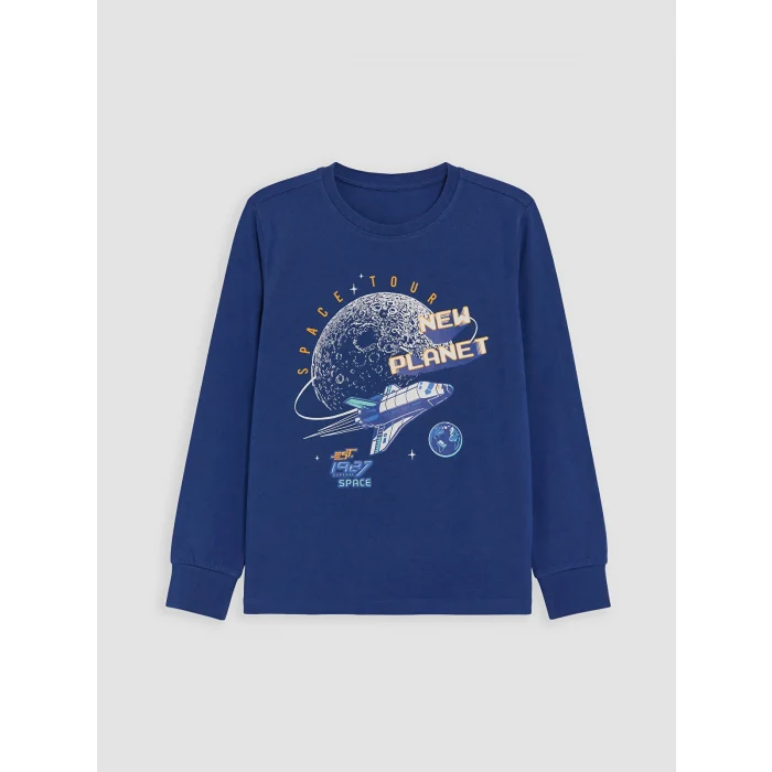 LCW Kids Lacivert Bisiklet Yaka Baskılı Erkek Çocuk Pijama Takım