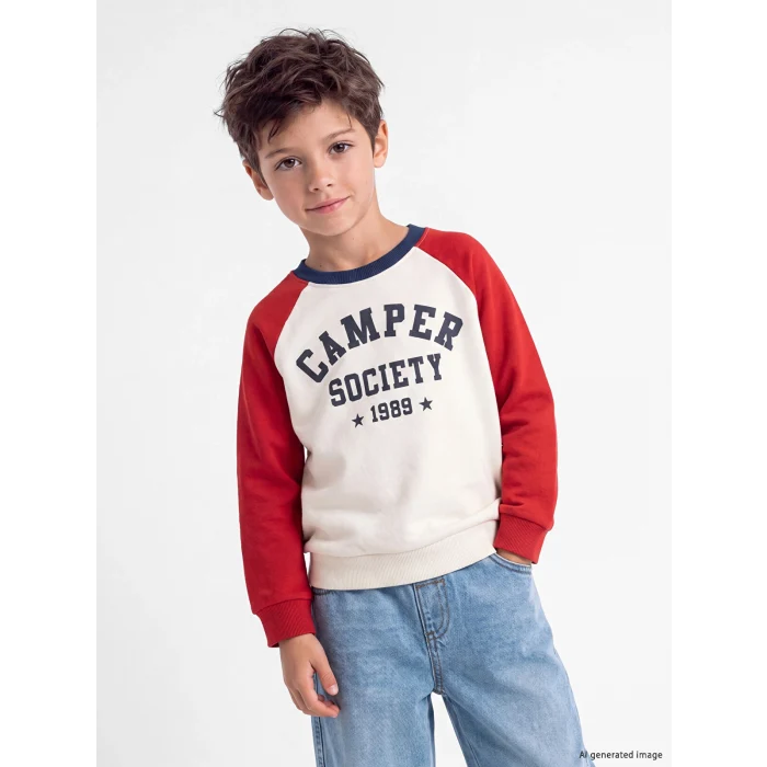 LCW Kids Bej Bisiklet Yaka Renk Bloğu Erkek Çocuk Kalın Sweatshirt
