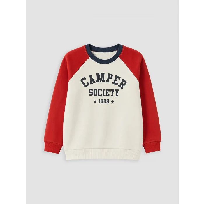 LCW Kids Bej Bisiklet Yaka Renk Bloğu Erkek Çocuk Kalın Sweatshirt
