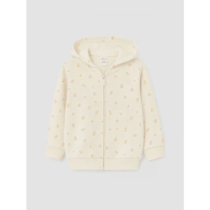 LCW Kids Ekru Kapüşonlu Çiçekli Kız Çocuk Fermuarlı Sweatshirt