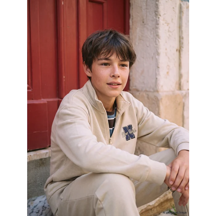 LCW Kids Bej Dik Yaka Nakışlı Erkek Çocuk Kalın Sweatshirt