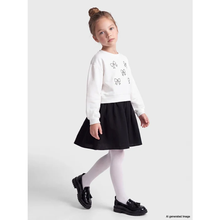 LCW Kids Ekru Fiyonk Baskılı Kız Çocuk Elbise
