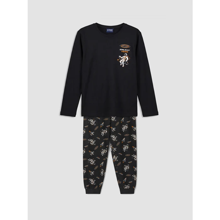 LCW Kids Siyah Bisiklet Yaka Baskılı Erkek Çocuk Pijama Takım