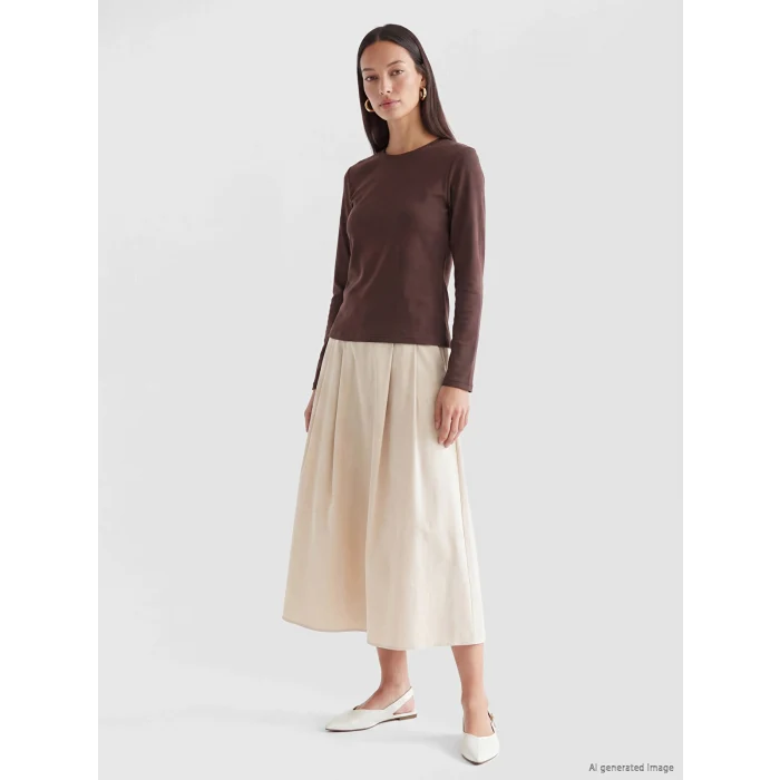 LCW EVERYDAY Kahverengi Bisiklet Yaka Soft Touch Kadın Tişört