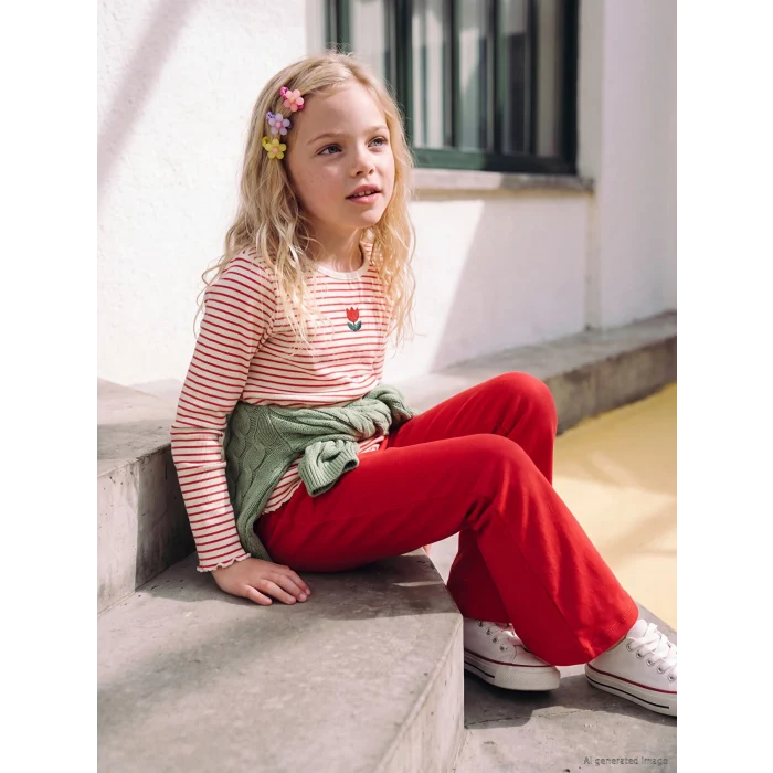 LCW Kids Kırmızı Bisiklet Yaka Çizgili Kız Çocuk Tişört