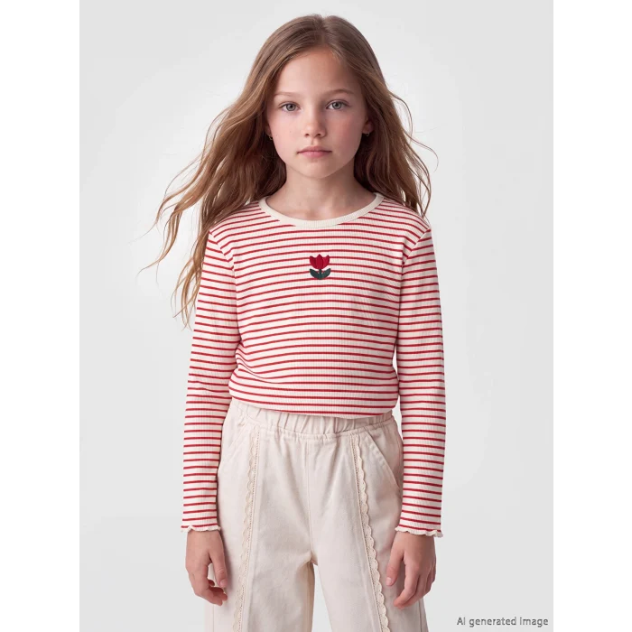 LCW Kids Kırmızı Bisiklet Yaka Çizgili Kız Çocuk Tişört