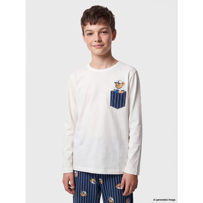 LCW Kids Ekru Bisiklet Yaka Erkek Çocuk Pijama Takımı