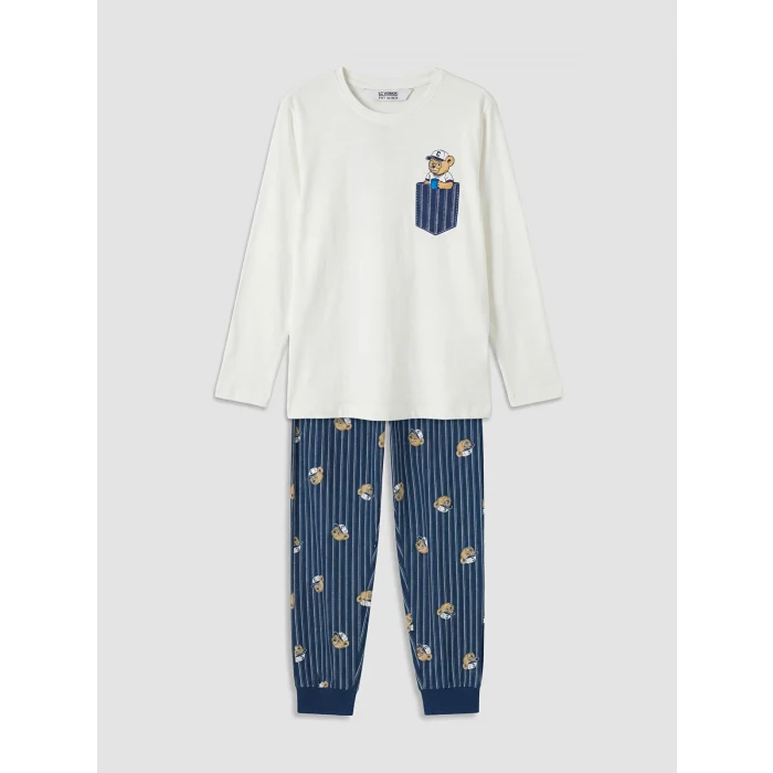 LCW Kids Ekru Bisiklet Yaka Erkek Çocuk Pijama Takımı