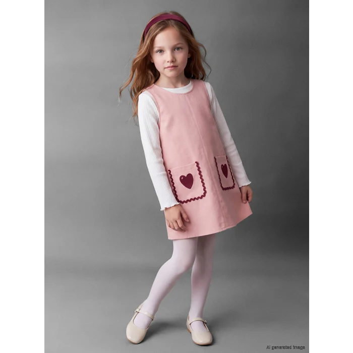 LCW Kids Pembe Nakışlı Kız Çocuk Salopet Elbise Takım