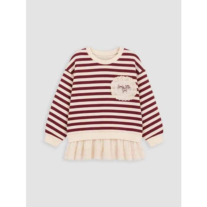 LCW Kids Bordo Fırfırlı Çizgili Kız Çocuk Sweatshirt