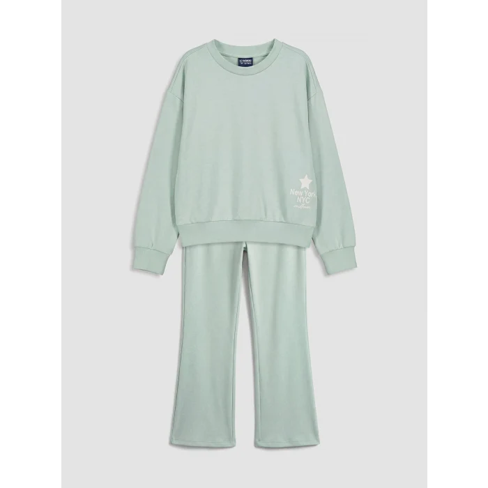 LCW Kids Yeşil New York Baskılı Kız Çocuk Soft Touch Eşofman Takım