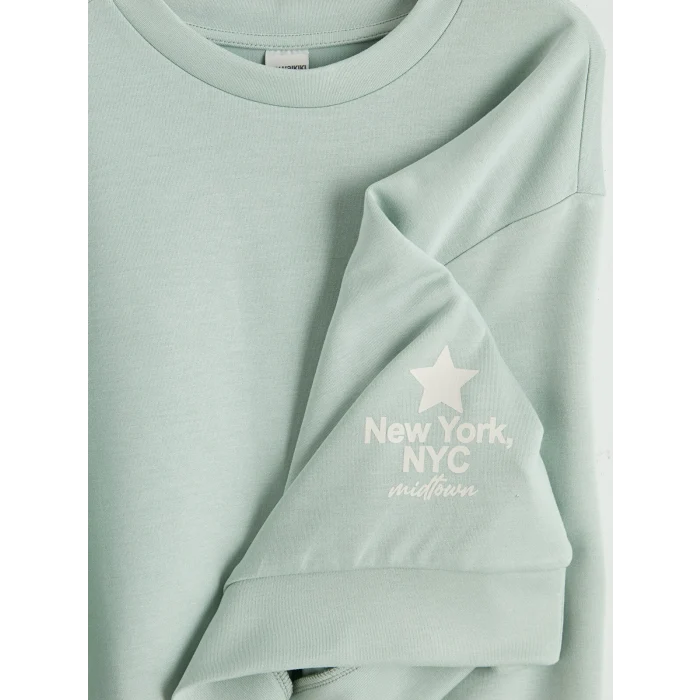 LCW Kids Yeşil New York Baskılı Kız Çocuk Soft Touch Eşofman Takım