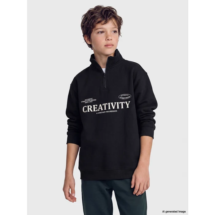 LCW Kids Siyah Dik Yaka Baskılı Erkek Çocuk Kalın Sweatshirt