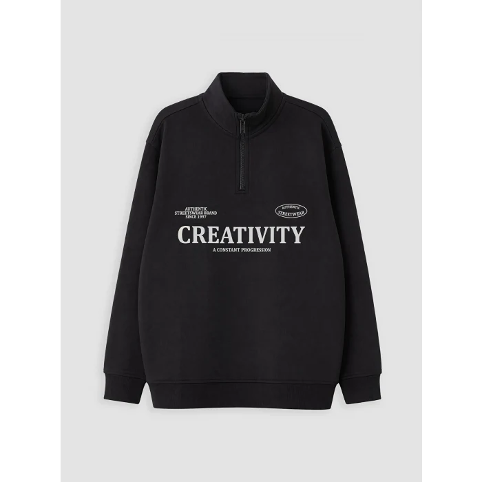 LCW Kids Siyah Dik Yaka Baskılı Erkek Çocuk Kalın Sweatshirt
