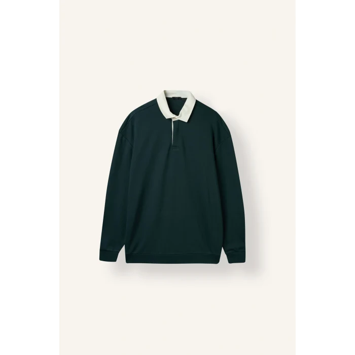 Defacto E6523AXGN1051 Yeşil Boxy Fıt Polo Yaka Sweatshirt