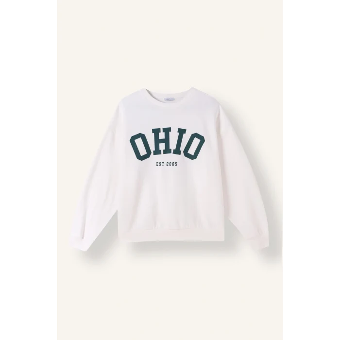 Defacto I7510AXWT32 Beyaz Oversize Bisiklet Yaka Baskılı Sweatshirt