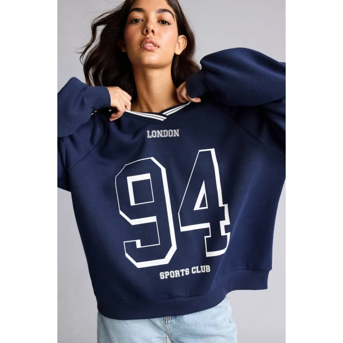Defacto I0201AXNV241 Lacivert Oversize V Yaka Çizgili Yaka Detaylı Baskılı Sweatshirt