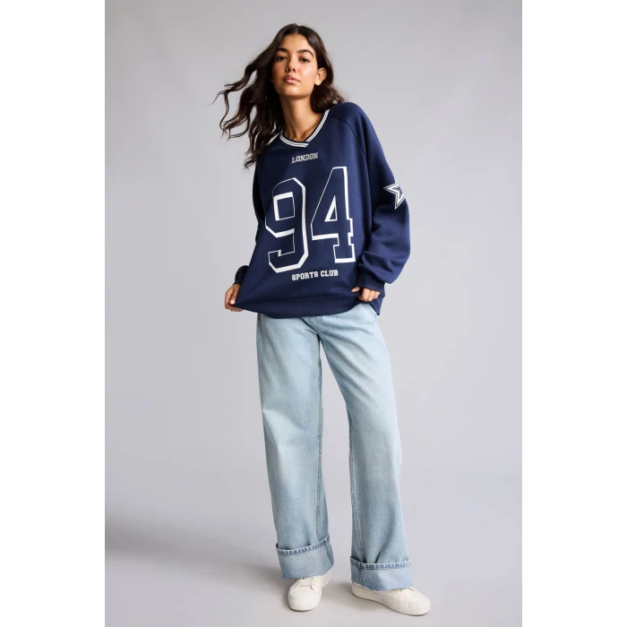 Defacto I0201AXNV241 Lacivert Oversize V Yaka Çizgili Yaka Detaylı Baskılı Sweatshirt