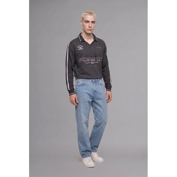 Defacto H4884AXAR216 Antrasit Boxy Fıt Polo Yaka Baskılı Sweatshirt