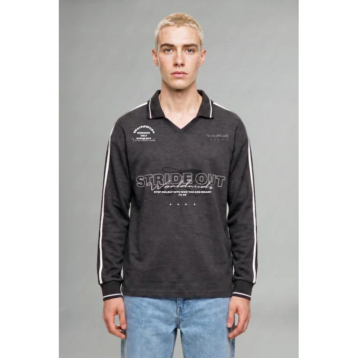 Defacto H4884AXAR216 Antrasit Boxy Fıt Polo Yaka Baskılı Sweatshirt