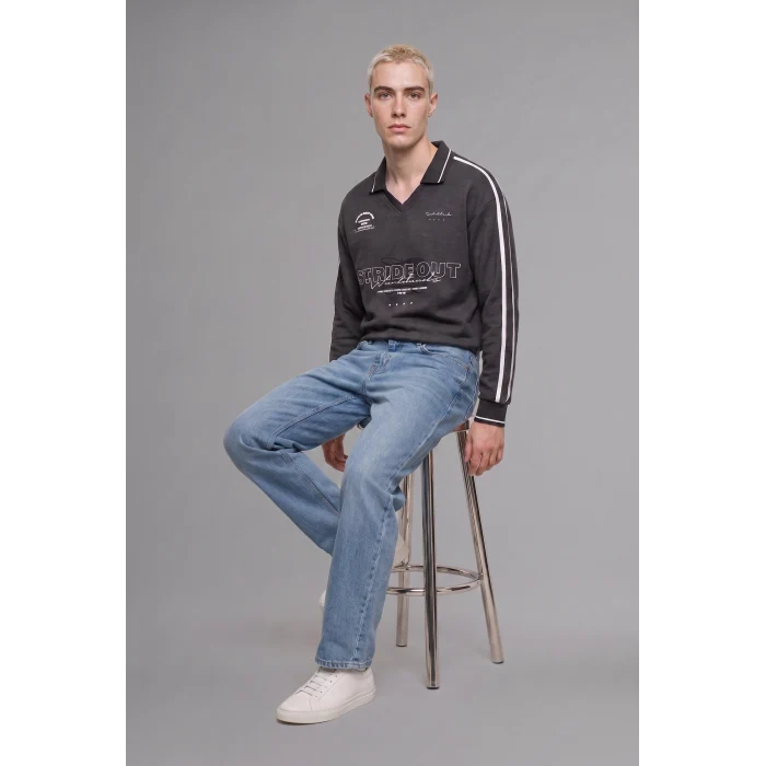 Defacto H4884AXAR216 Antrasit Boxy Fıt Polo Yaka Baskılı Sweatshirt
