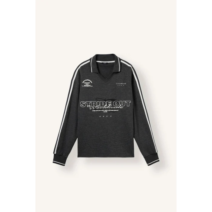 Defacto H4884AXAR216 Antrasit Boxy Fıt Polo Yaka Baskılı Sweatshirt