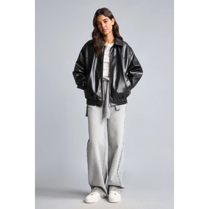 Defacto H1870AXBK27 Siyah Su itici Dad Fit Polo Yaka Beli Lastikli Fermuarlı Suni Deri Mont