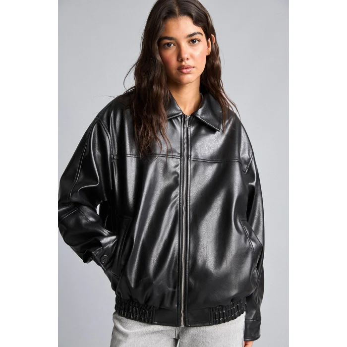 Defacto H1870AXBK27 Siyah Su itici Dad Fit Polo Yaka Beli Lastikli Fermuarlı Suni Deri Mont