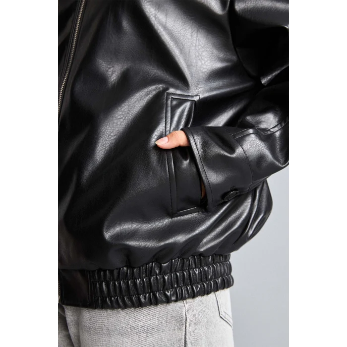 Defacto H1870AXBK27 Siyah Su itici Dad Fit Polo Yaka Beli Lastikli Fermuarlı Suni Deri Mont