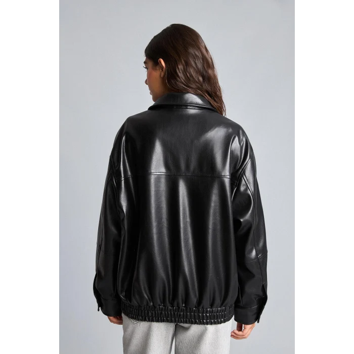 Defacto H1870AXBK27 Siyah Su itici Dad Fit Polo Yaka Beli Lastikli Fermuarlı Suni Deri Mont