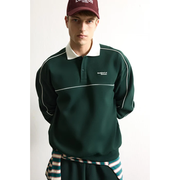Defacto F0116AXGN852 Yeşil Boxy Fıt Polo Yaka Baskılı Sweatshirt