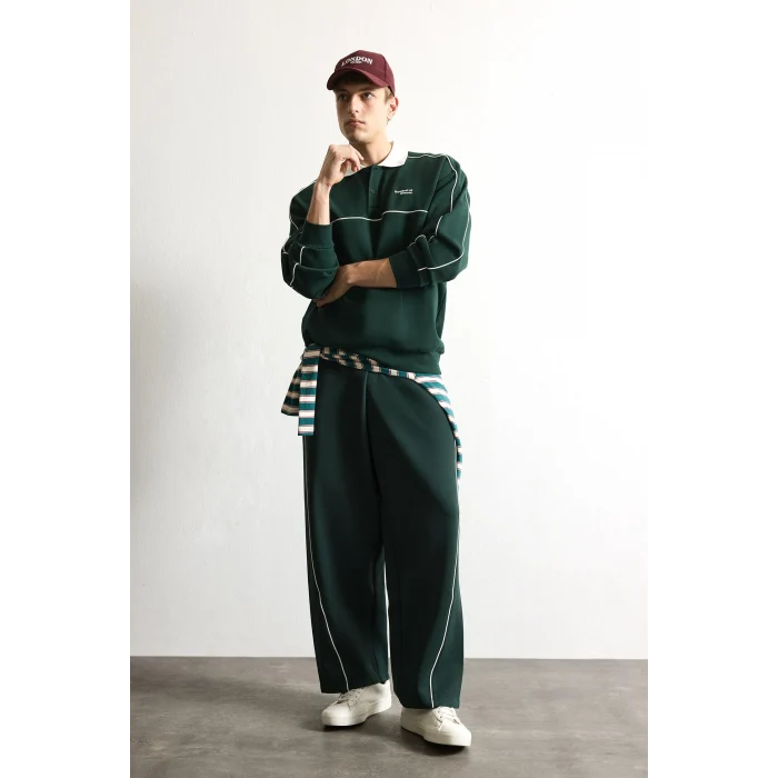 Defacto F0116AXGN852 Yeşil Boxy Fıt Polo Yaka Baskılı Sweatshirt