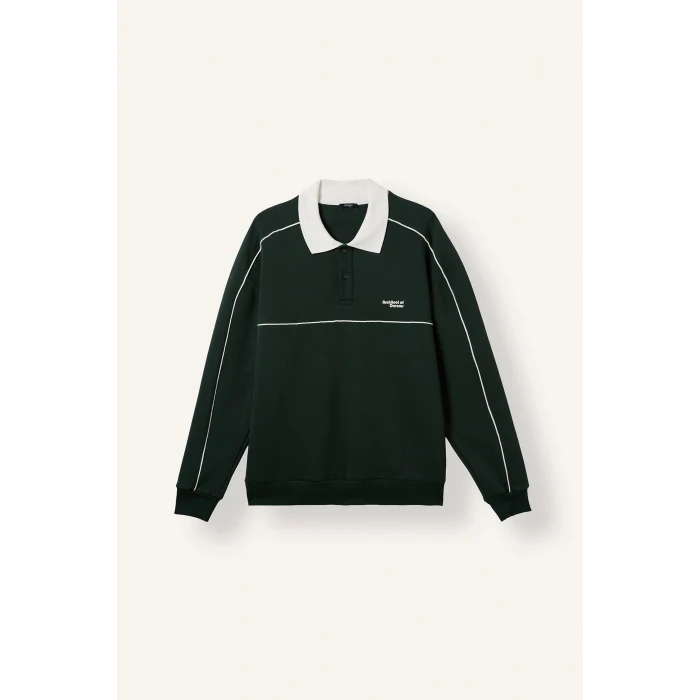 Defacto F0116AXGN852 Yeşil Boxy Fıt Polo Yaka Baskılı Sweatshirt