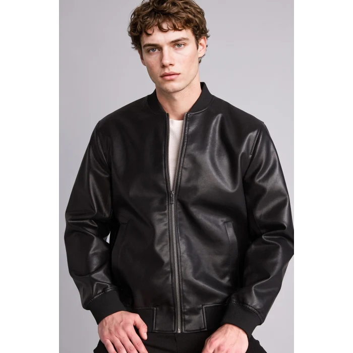 Defacto Y5367AZBK27 Siyah Su Geçirmez Slim Fit Kolej Yaka Ribanalı Fermuarlı Suni Deri Bomber Mont
