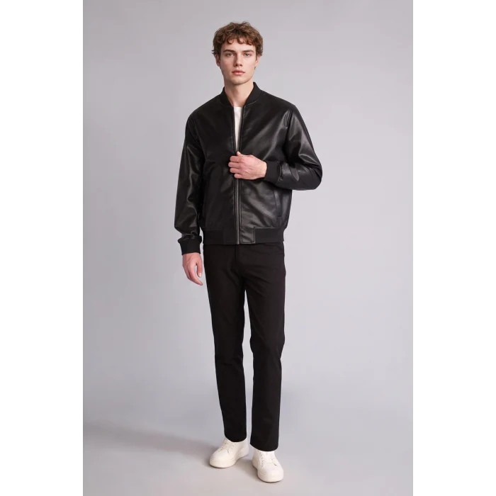 Defacto Y5367AZBK27 Siyah Su Geçirmez Slim Fit Kolej Yaka Ribanalı Fermuarlı Suni Deri Bomber Mont