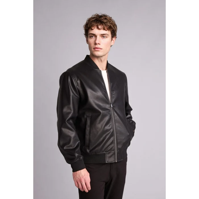 Defacto Y5367AZBK27 Siyah Su Geçirmez Slim Fit Kolej Yaka Ribanalı Fermuarlı Suni Deri Bomber Mont