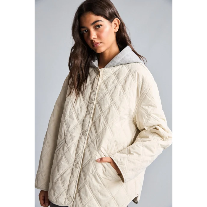 Defacto H3828AXER219 Ekru Regular Fit Su İtici Kapüşonlu Kapitone Mont