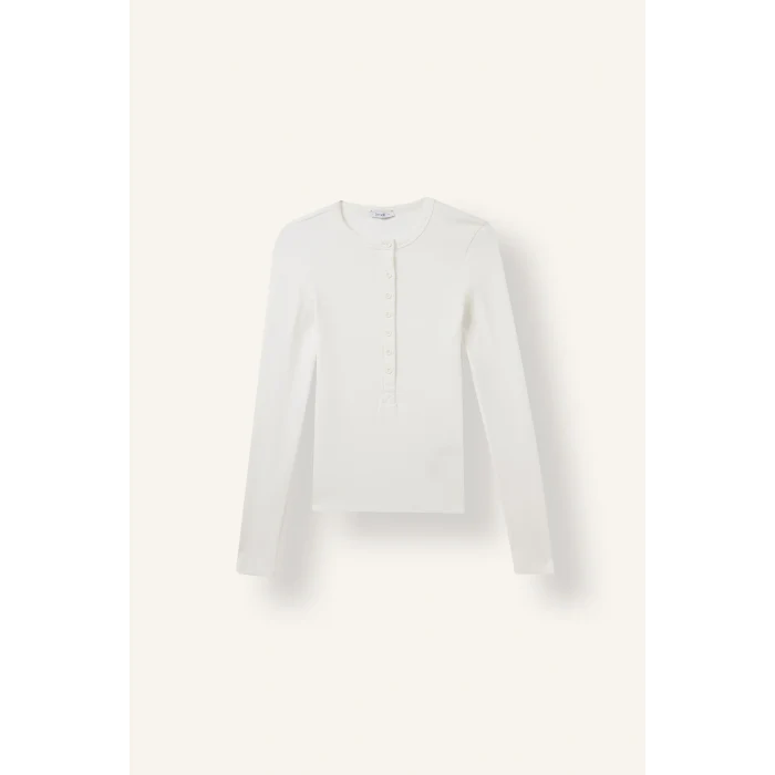 Defacto I6397AXWT32 Beyaz Fitted Fitilli Yarım Düğmeli Uzun Kollu Basic Tişört