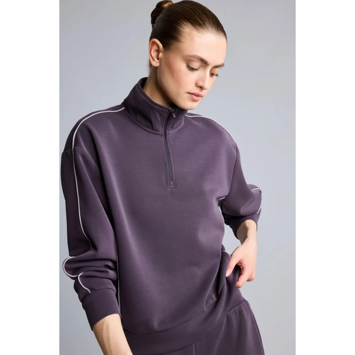Defacto H4537AXPR467 Mor Ultra Yumuşak Standart Fit Yarım Fermuarlı Biyeli Dik Yaka Modal Sporcu Basic Sweatshirt