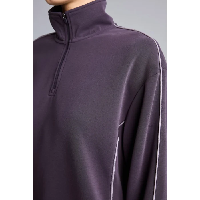 Defacto H4537AXPR467 Mor Ultra Yumuşak Standart Fit Yarım Fermuarlı Biyeli Dik Yaka Modal Sporcu Basic Sweatshirt