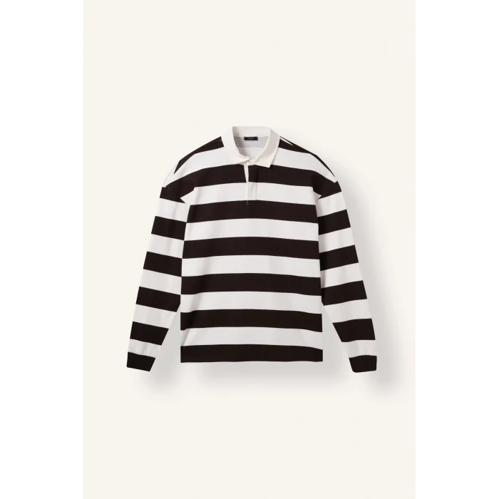 Defacto E8440AXBN337 Kahve Boxy Fıt Polo Yaka Çizgili Waffle Sweatshirt